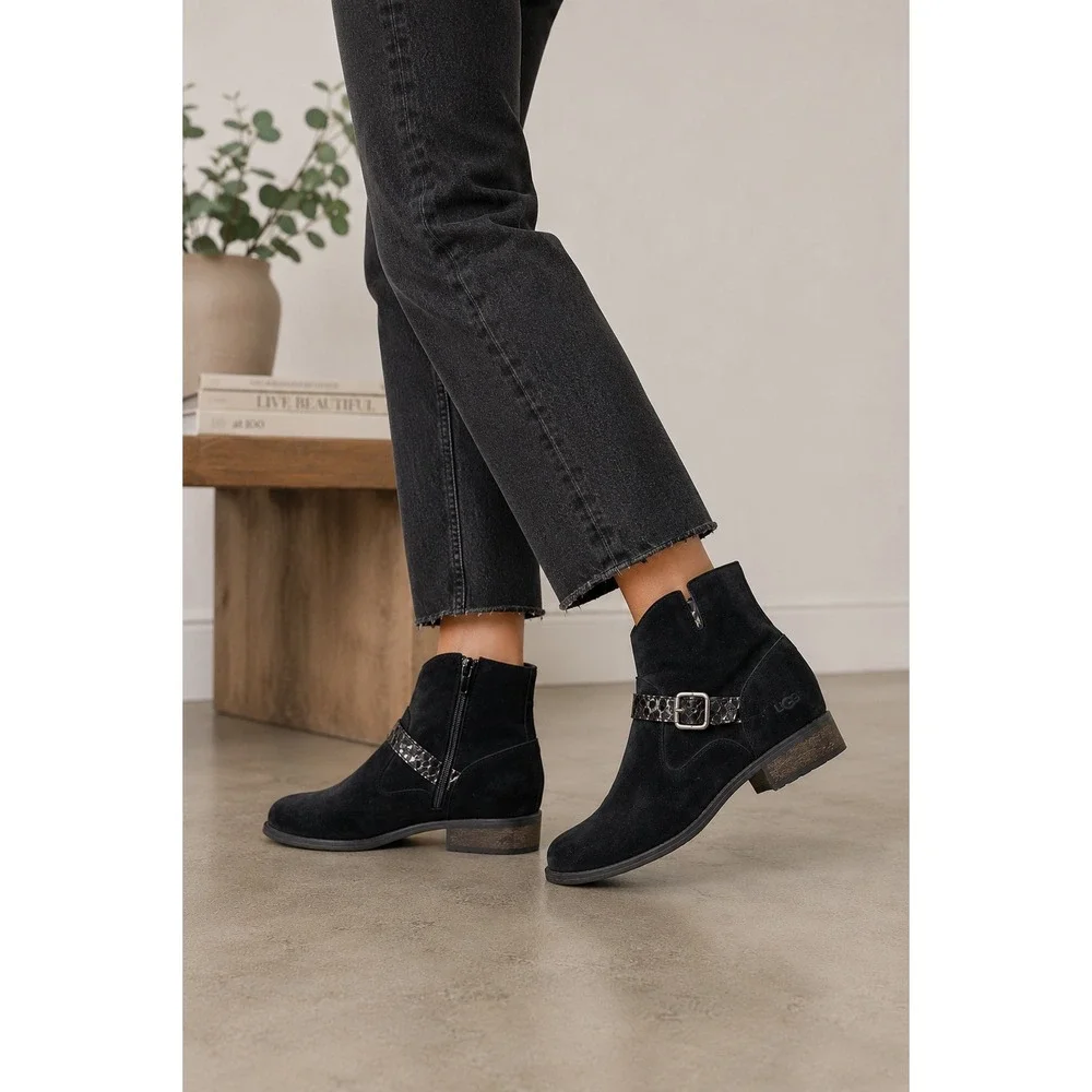 UGG Milner Ankle Boots Women's 8 Black Suede Wedge Moto Buckle‎ Side Zip Western